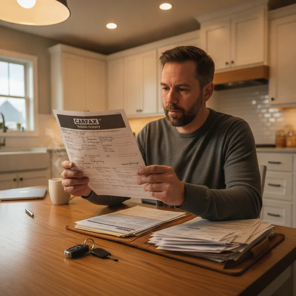 A seller reviewing a vehicle history report alongside maintenance records at a kitchen table.