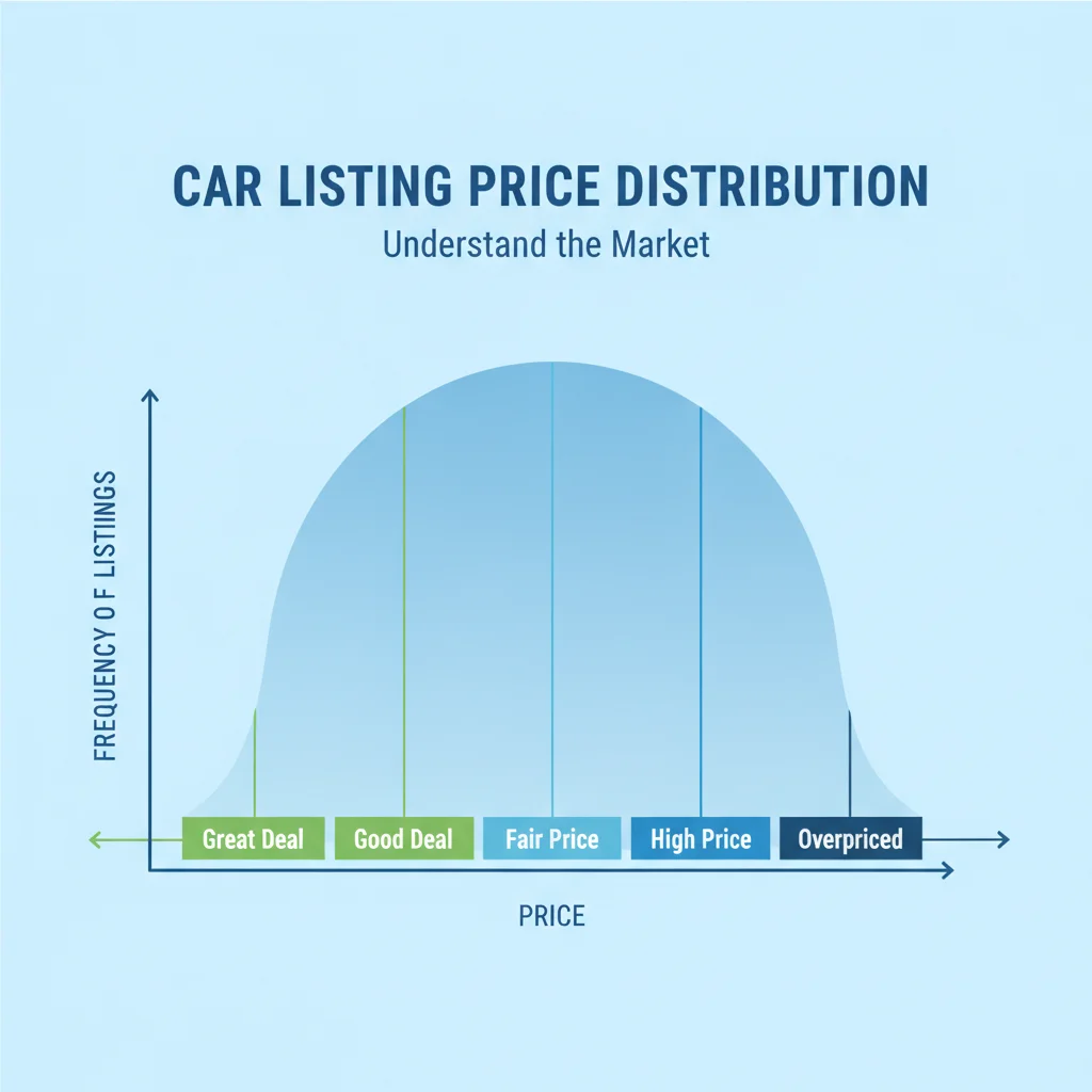Bell curve diagram showing how CarGurus distributes price ratings from Great Deal to Overpriced across listing prices