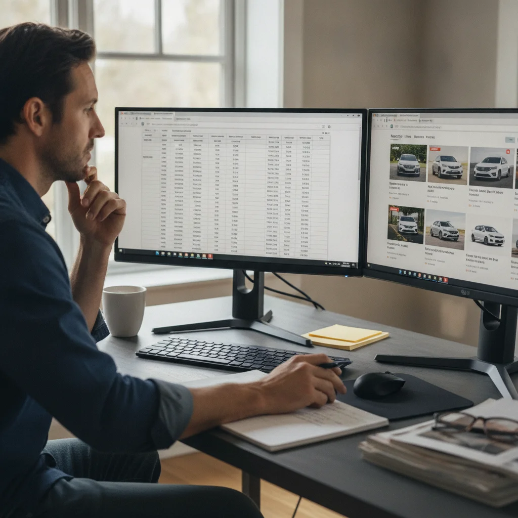 Person comparing car listings on a computer with a spreadsheet open for price analysis