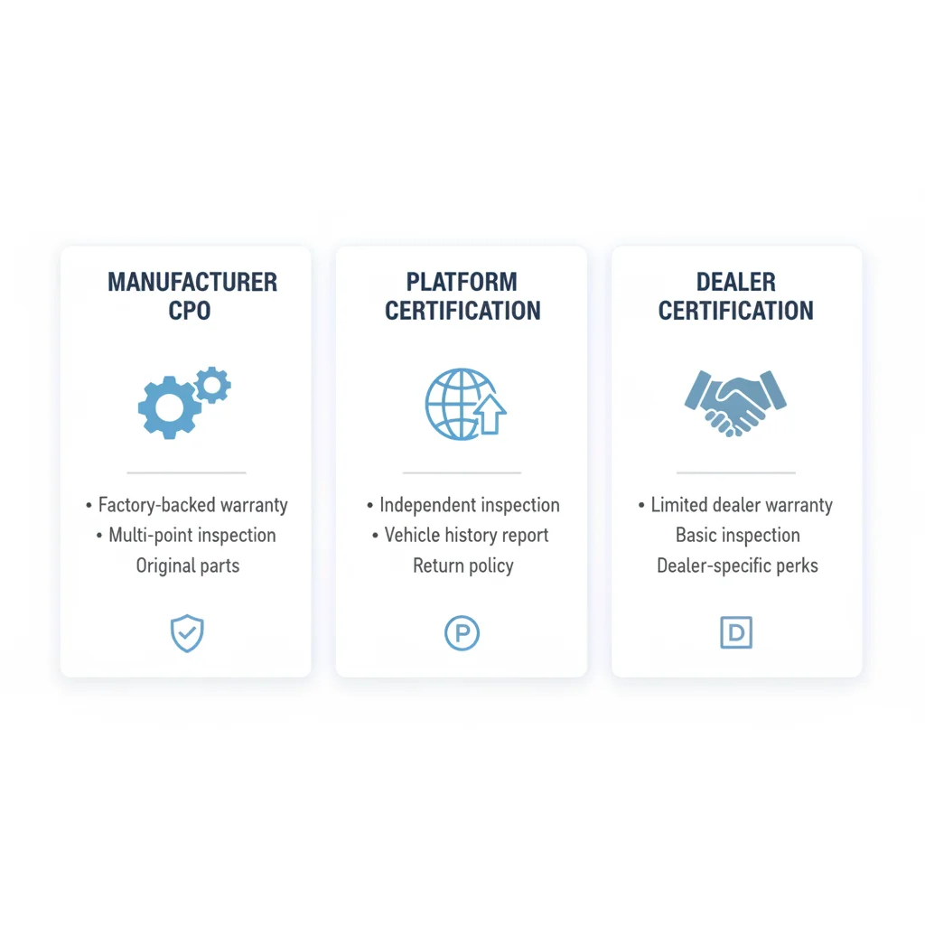 Infographic showing three tiers of vehicle certification: manufacturer CPO, platform certification, and dealer certification