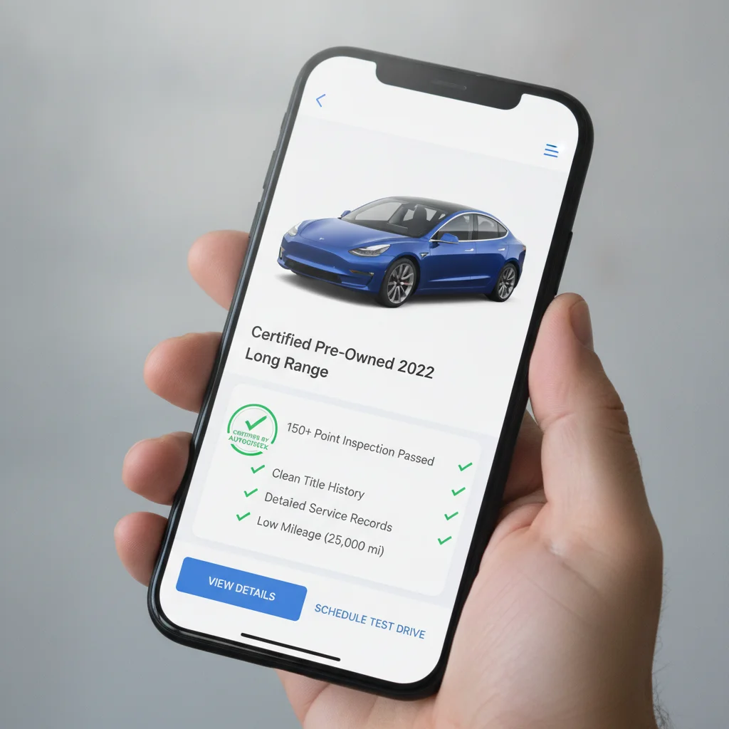 Smartphone screen showing an online car listing with certification badge and inspection checkmark details