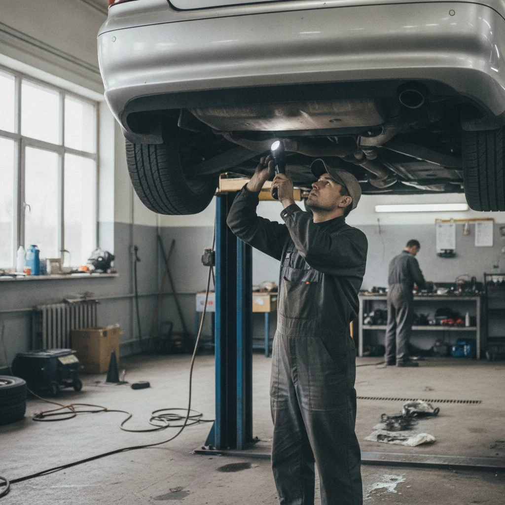 Mechanic inspecting the underside of a used car in a garage during a pre-purchase inspection