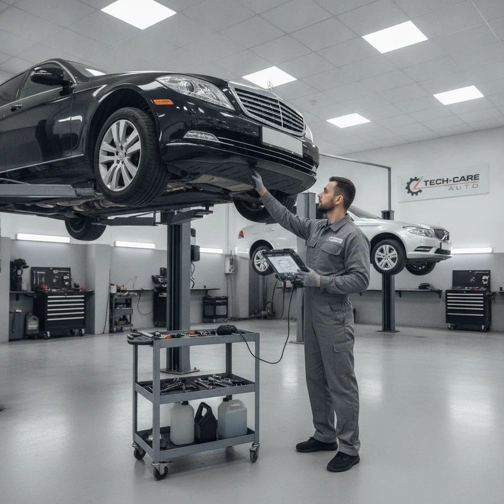 A certified technician inspecting the underside of a vehicle on a lift using a diagnostic tablet in a dealership workshop