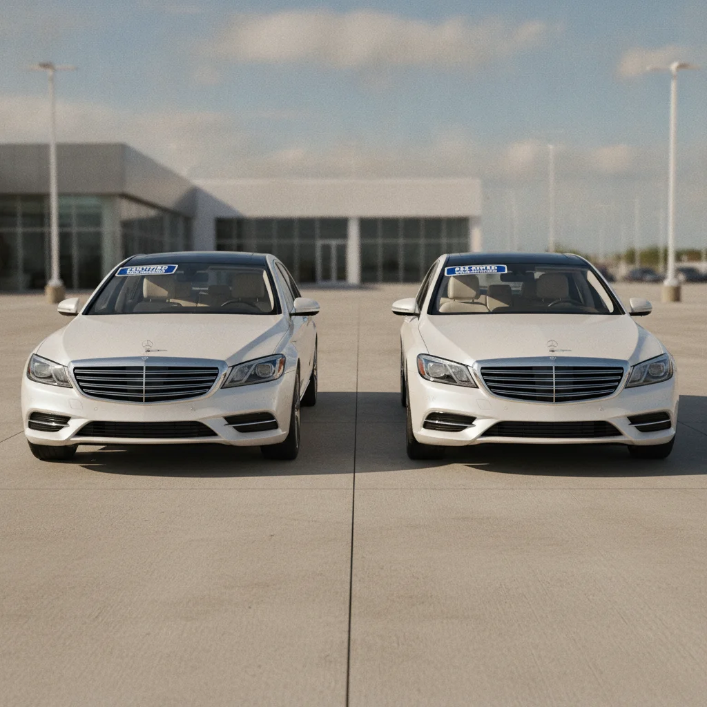 Two similar used sedans parked side by side on a dealership lot, one with a CPO badge and one without, illustrating the price and coverage difference