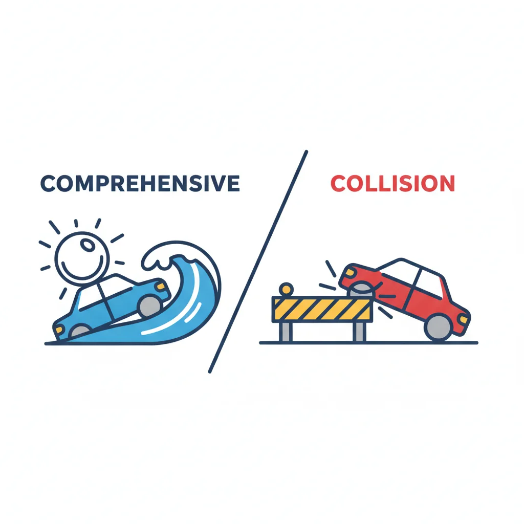 Infographic showing the distinction between comprehensive and collision coverage triggers