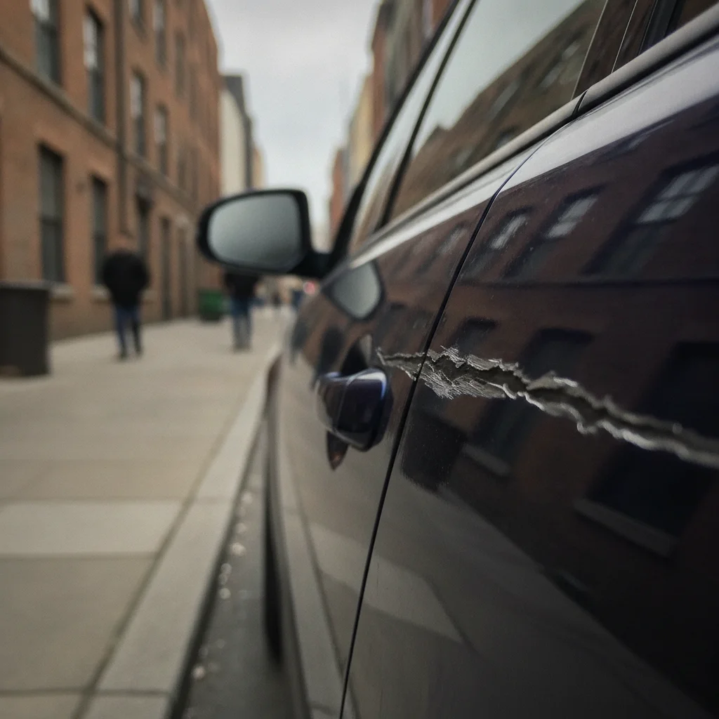 Close-up of a keyed car door showing vandalism damage covered by comprehensive insurance