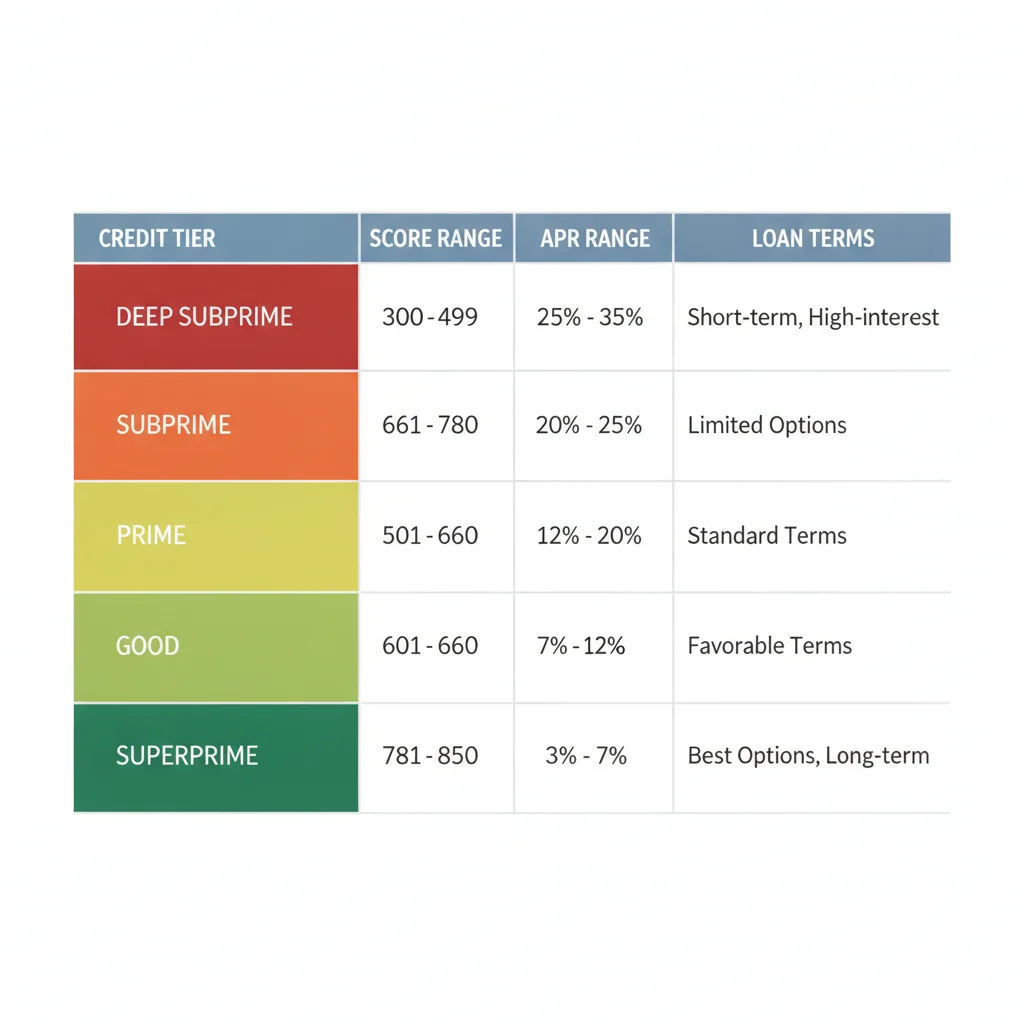 Color-coded infographic table showing APR ranges and loan term options across five credit score tiers.