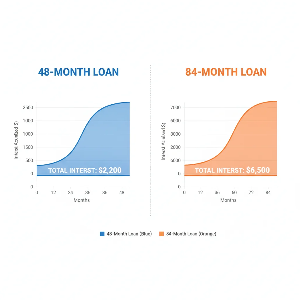 Side-by-side amortization chart comparing total interest paid on 48-month versus 84-month auto loans.