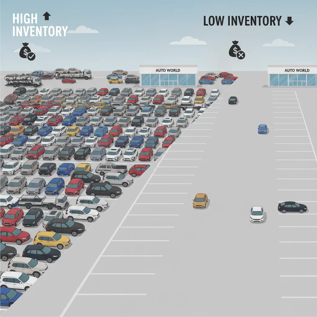 Split illustration contrasting an overflowing dealership lot with a nearly empty one showing high versus low inventory