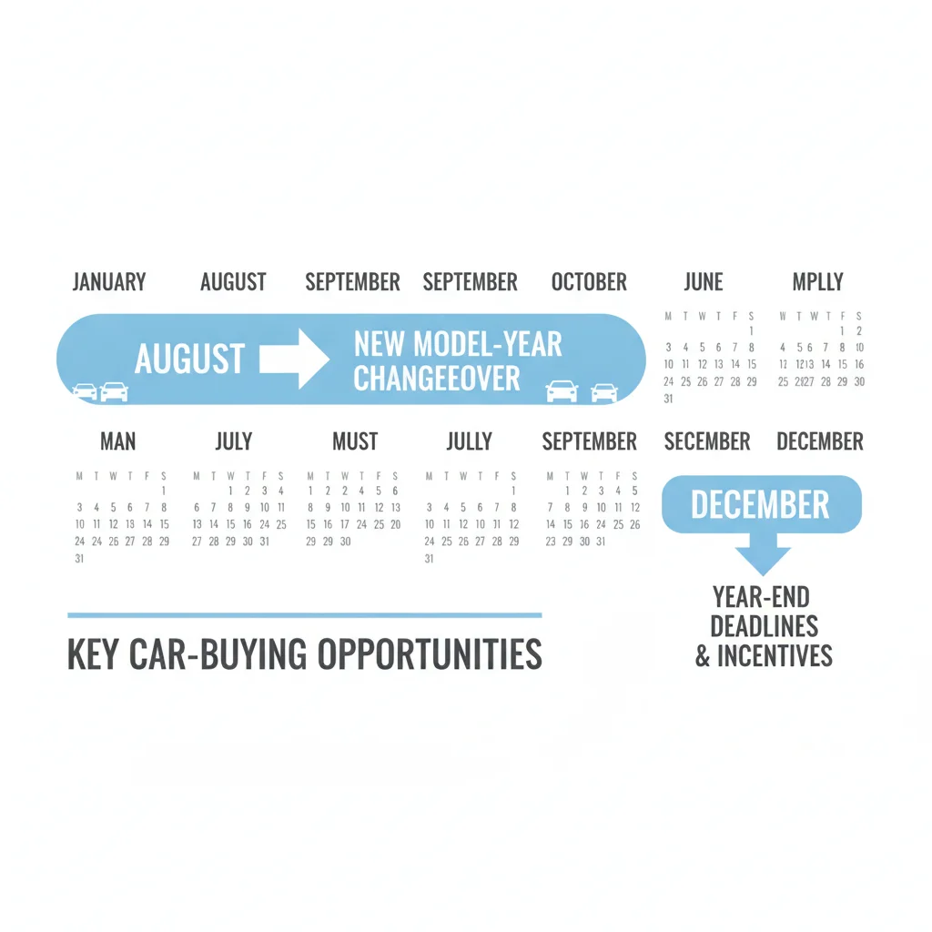 Calendar infographic highlighting the best car-buying months including August through October and December