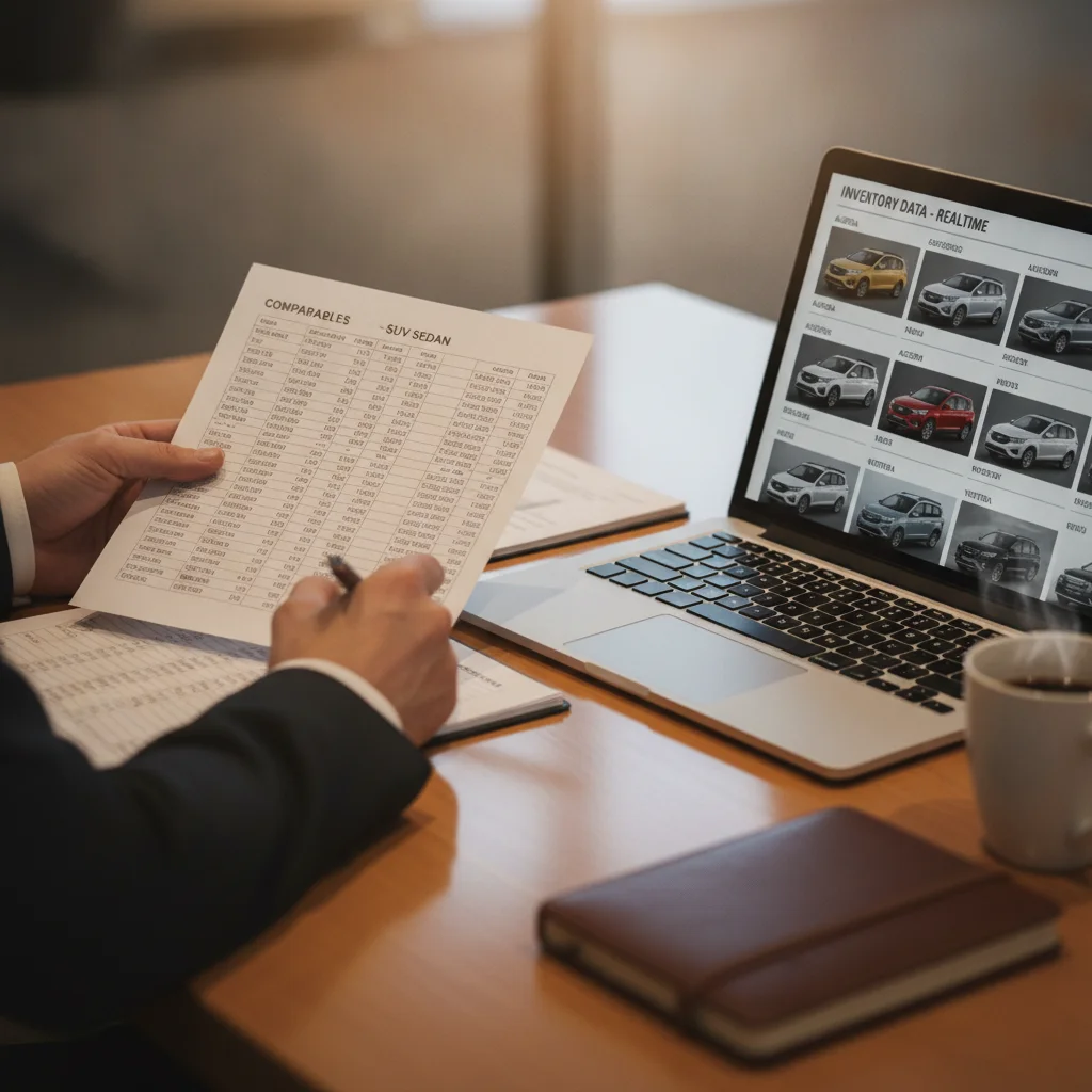 Car buyer reviewing printed inventory comparables and a laptop at a dealership negotiation desk
