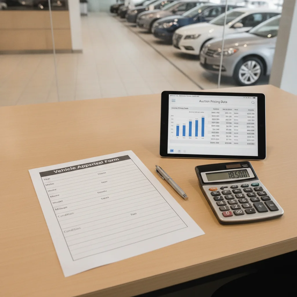 Dealer appraisal desk with tablet showing wholesale auction pricing data and printed appraisal form