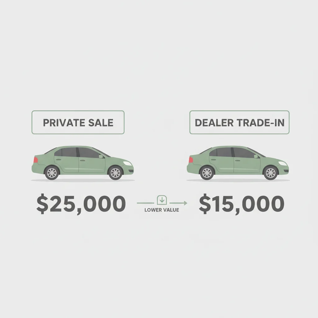 Side-by-side comparison of private sale value versus dealer trade-in value for the same car