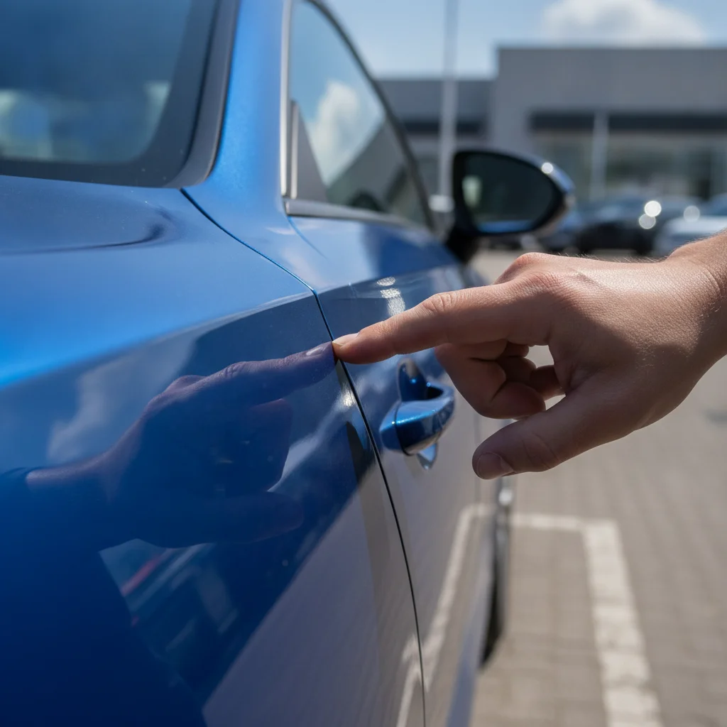 Appraiser's hand checking the alignment gap between a car door and fender panel