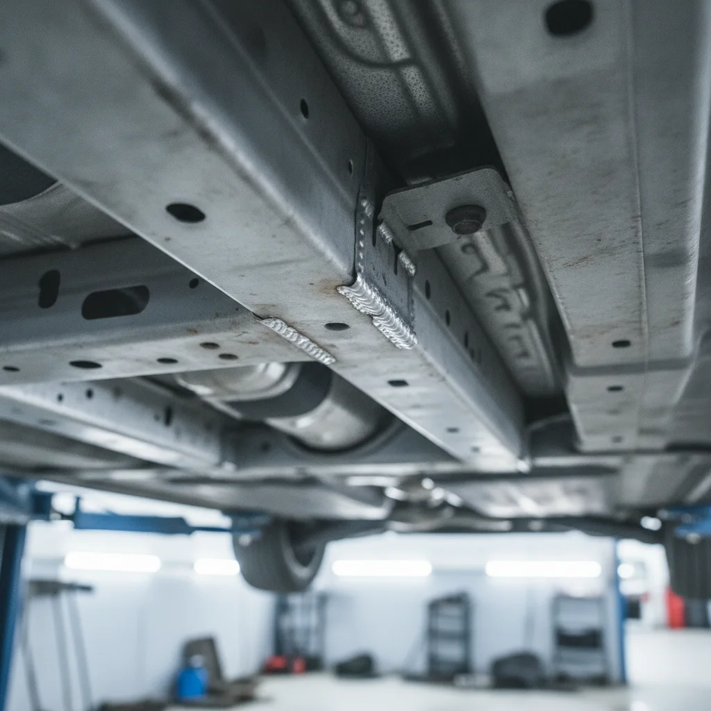 Vehicle undercarriage showing frame rails and structural components on a service lift