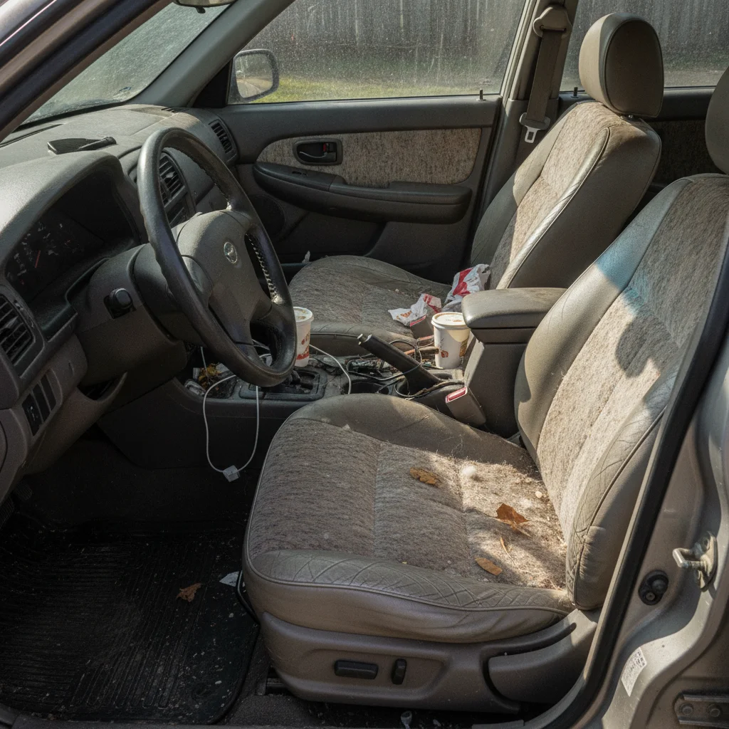 Worn used car interior showing pet hair on rear seat and scuffed center console surfaces