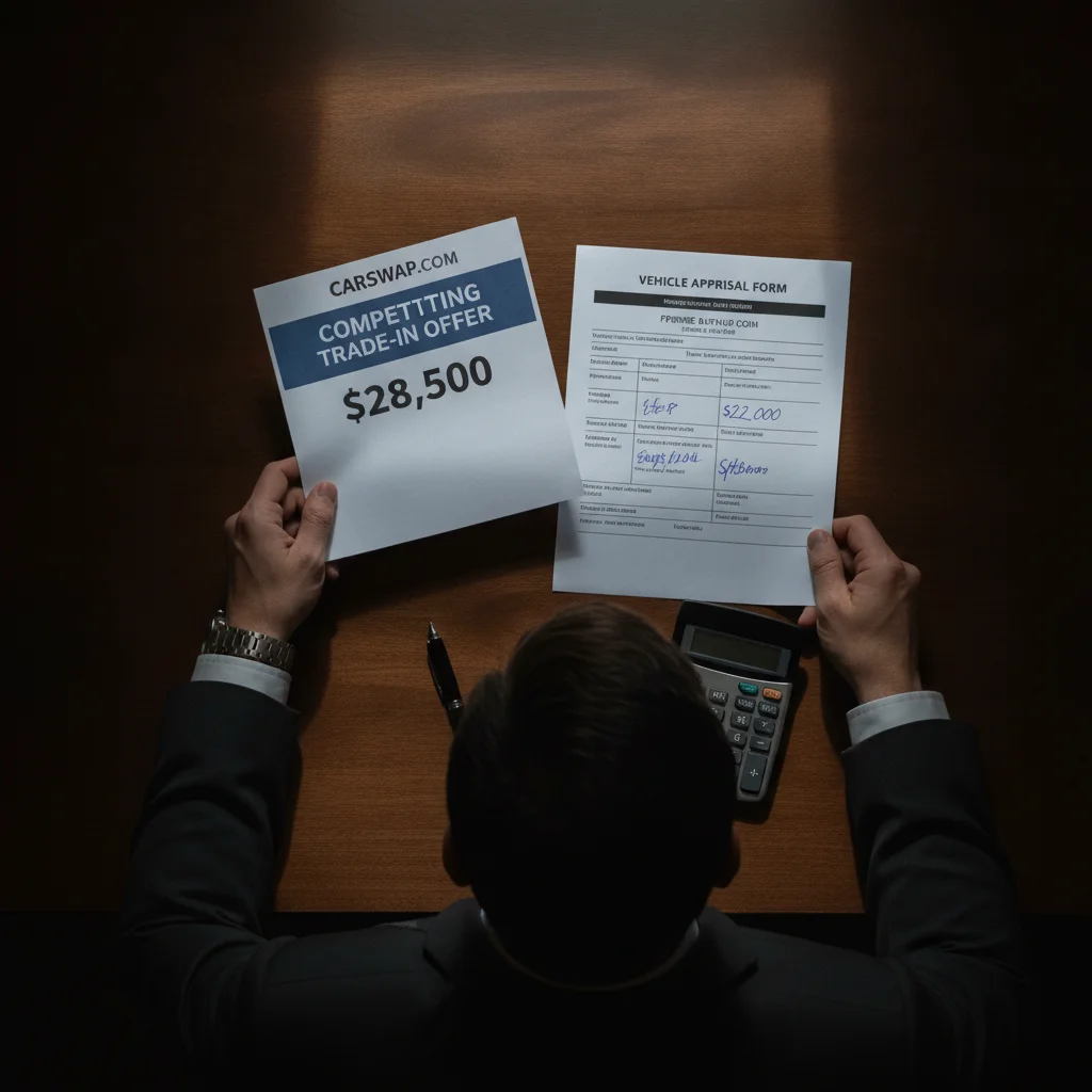 Two trade-in appraisal documents side by side on a desk being compared by a seller