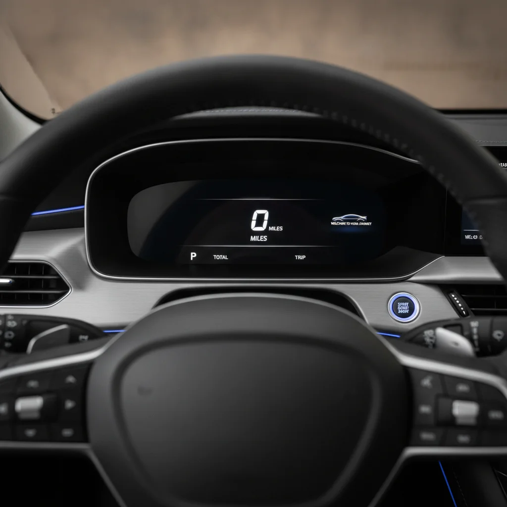 Car odometer reading zero miles inside a brand-new vehicle, representing the start of depreciation