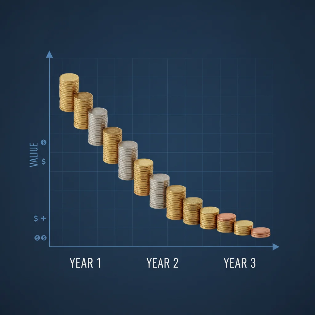 Descending stack of coins forming a steep depreciation curve that flattens after year one