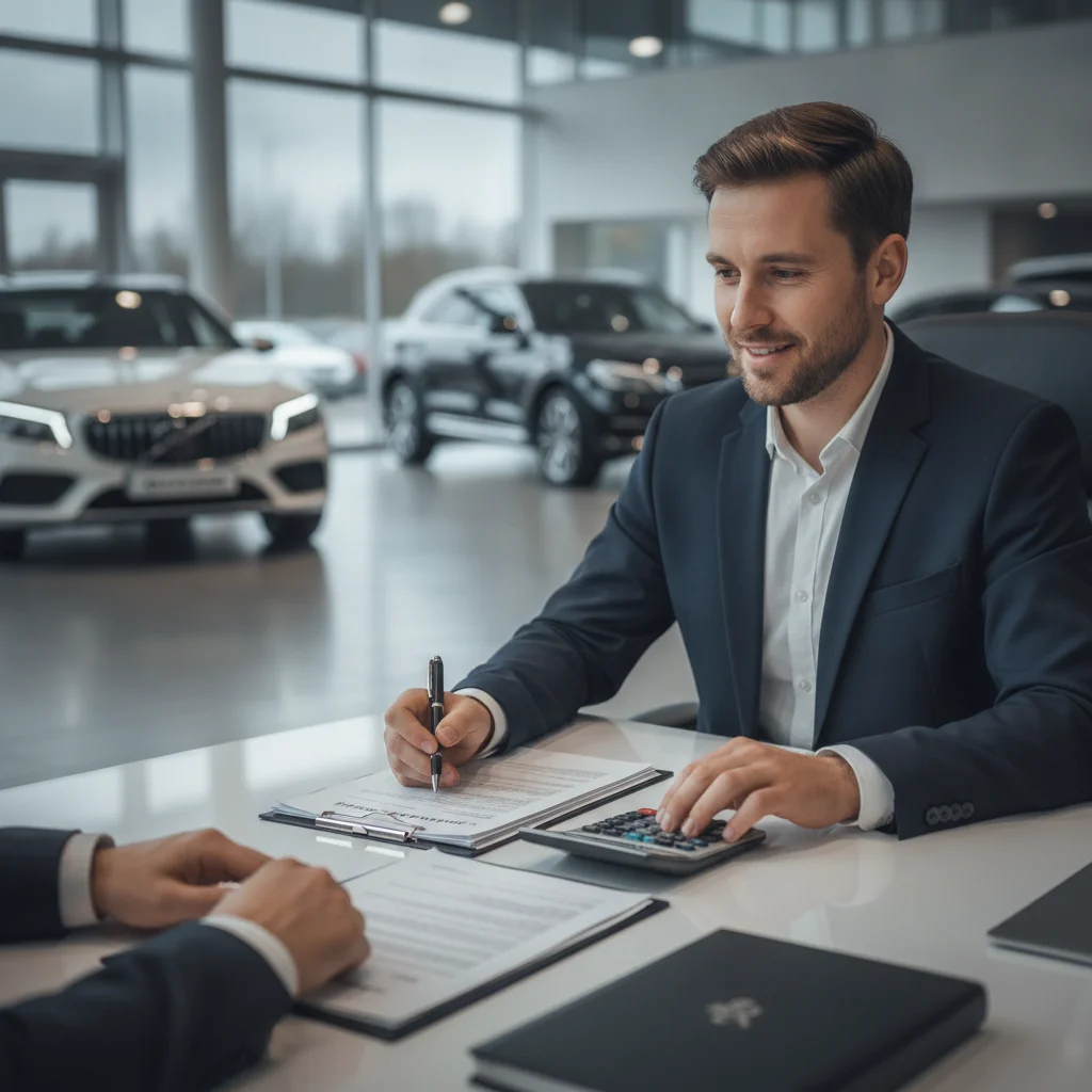 Car buyer reviewing financing documents with a calculator at a dealership desk