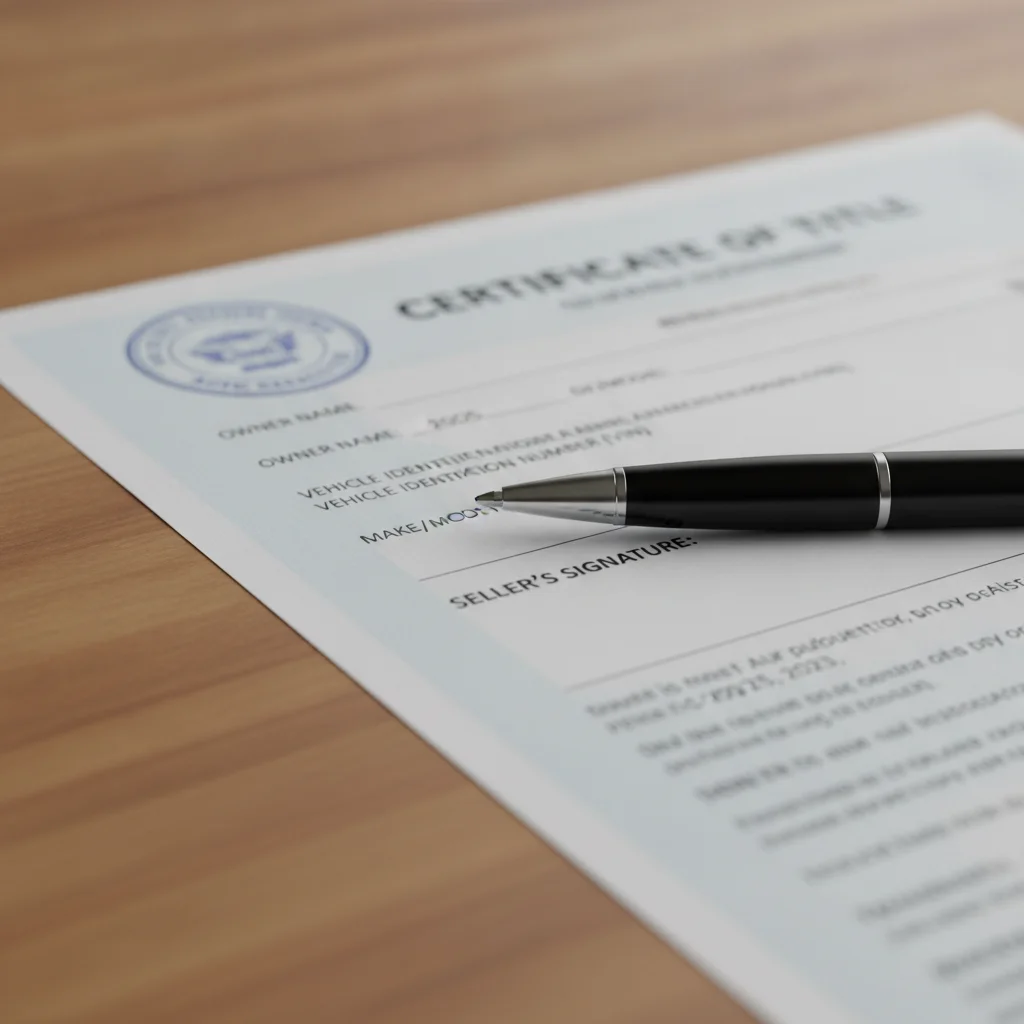 Close-up of a vehicle certificate of title document with a pen on the seller signature line