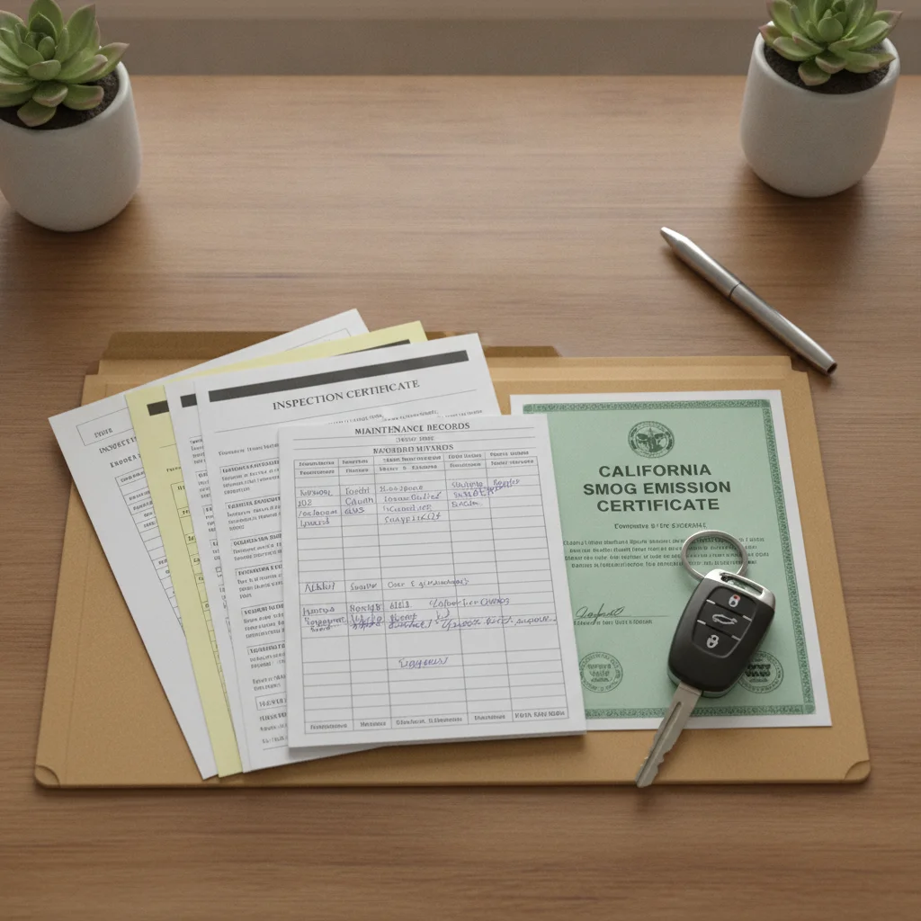 Organized folder of vehicle paperwork including inspection and maintenance documents beside car keys