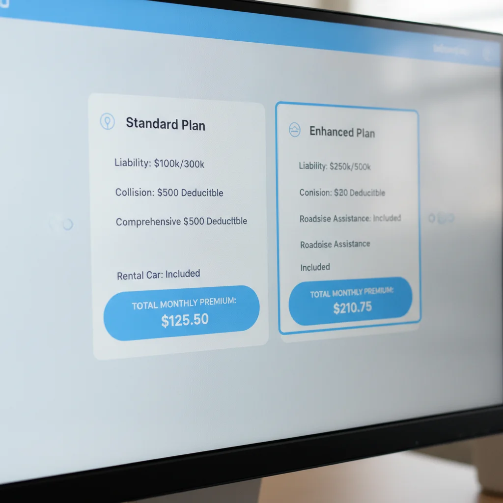Insurance quoting tool on a computer screen displaying two configurations with different premium totals