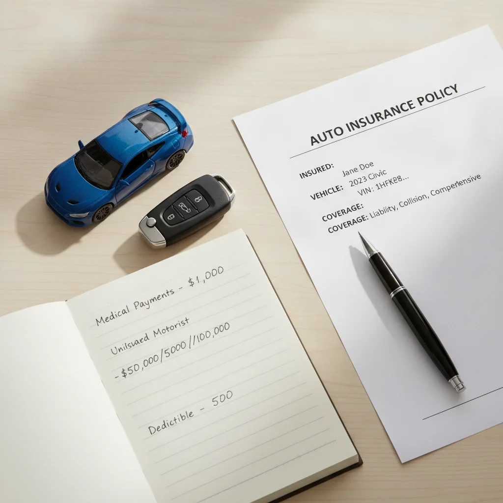 Car key, miniature vehicle model, and insurance document with vehicle details on a desk