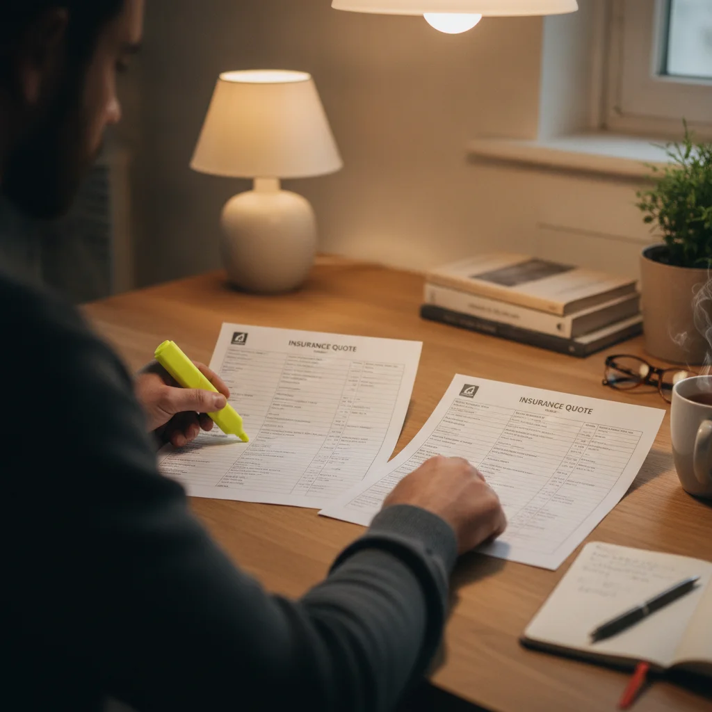 Person comparing two insurance quote documents at a table using a highlighter to mark differences