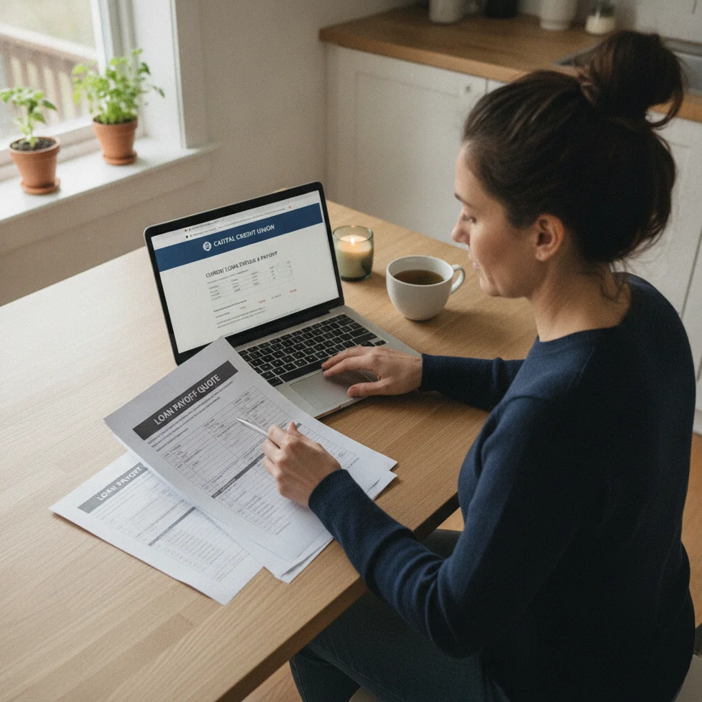 Person reviewing an auto loan payoff quote document at a kitchen table with a laptop