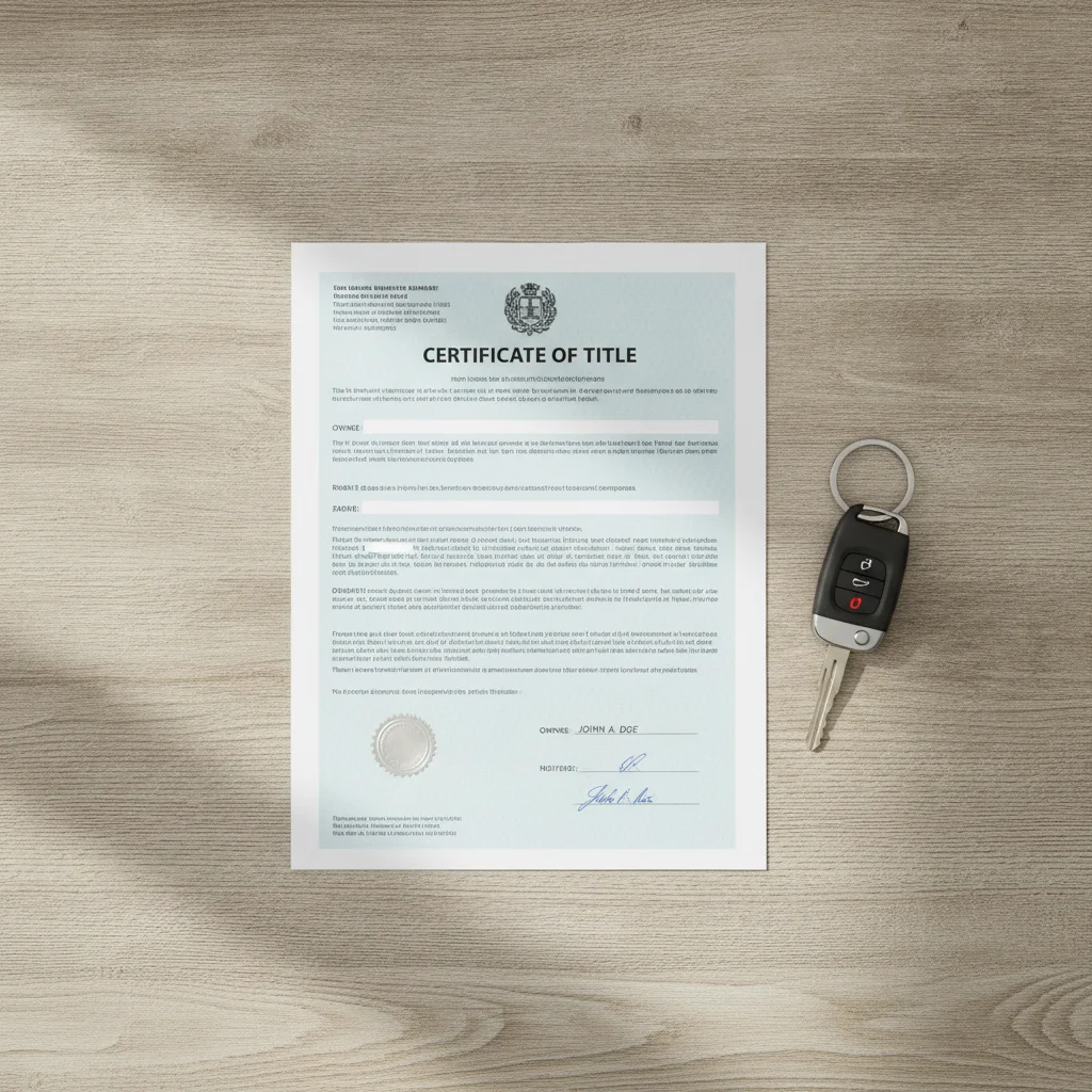 A vehicle title document with a lien release stamp next to car keys on a wooden surface