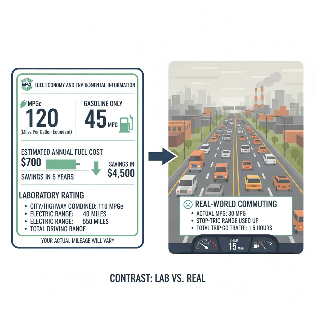 Split image comparing EPA PHEV window sticker ratings with real-world highway driving conditions