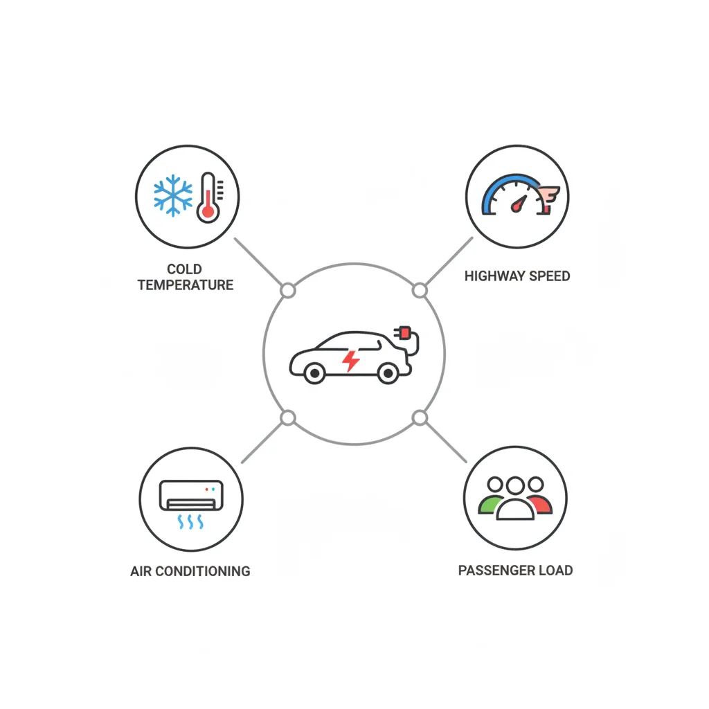 Diagram showing four factors that reduce PHEV electric range: cold weather, high speed, climate control, and cargo weight