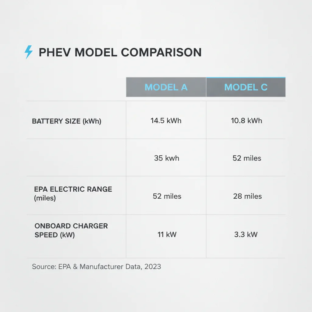 Comparison chart of PHEV models showing battery capacity, electric range, and onboard charger power ratings