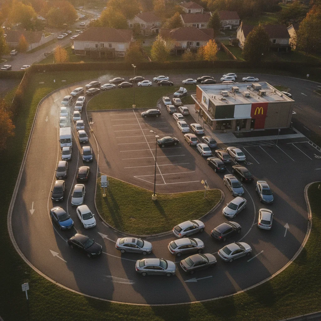 Aerial view of cars waiting in a long drive-through lane with engines running