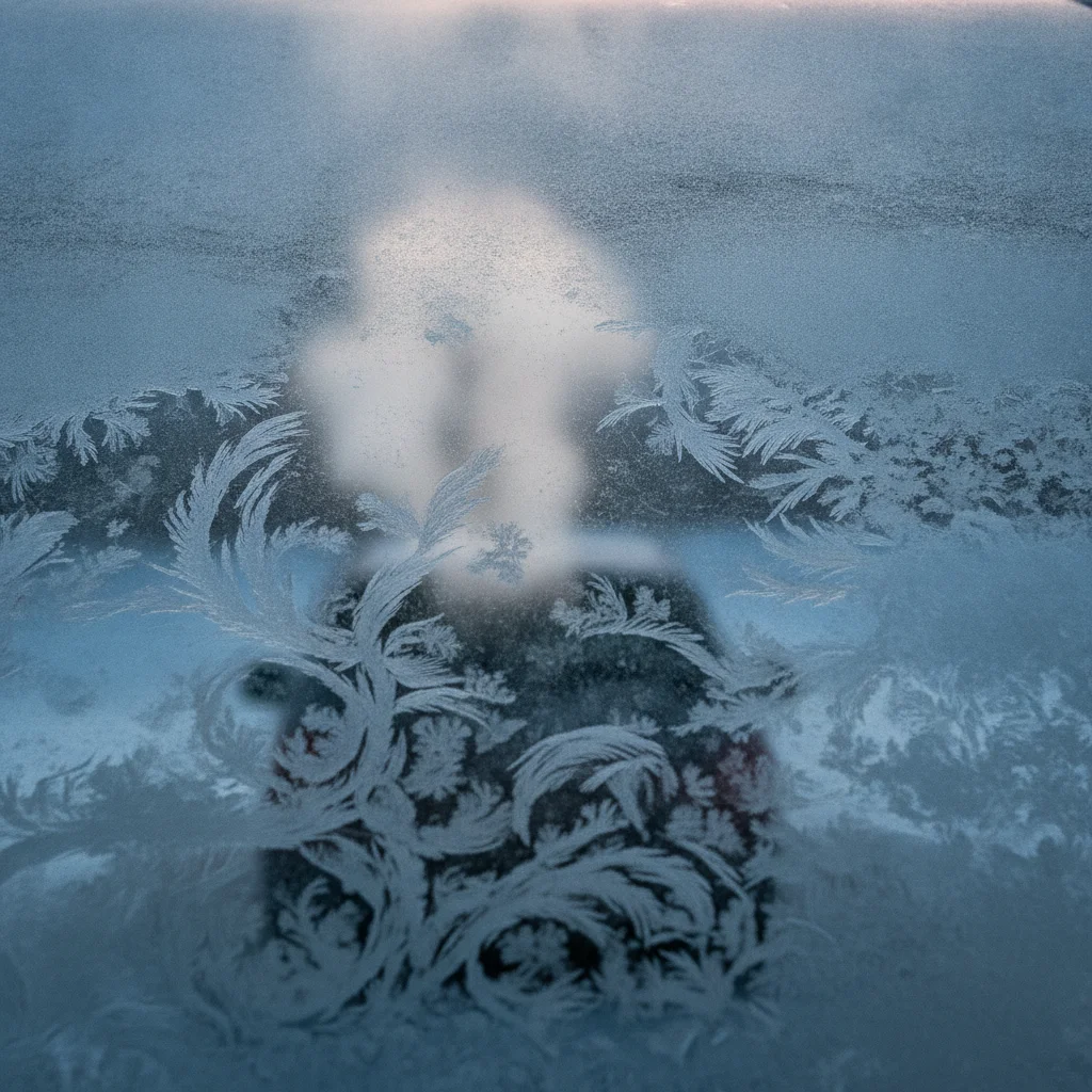 Frost-covered car windshield in winter morning with exhaust vapor visible from running engine