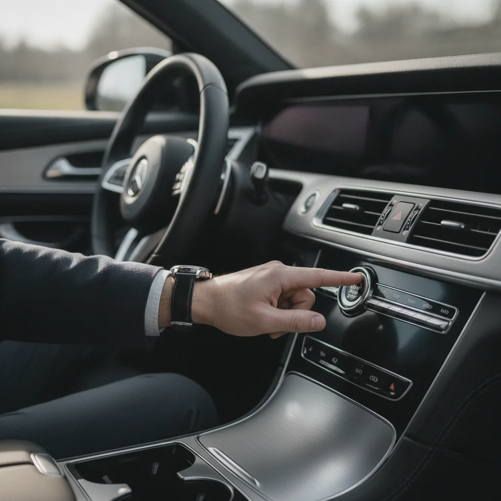 Driver's hand pressing the engine start-stop button inside a modern car interior