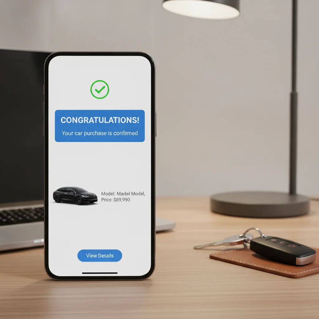 Smartphone displaying an instant offer acceptance confirmation notification with car keys on desk