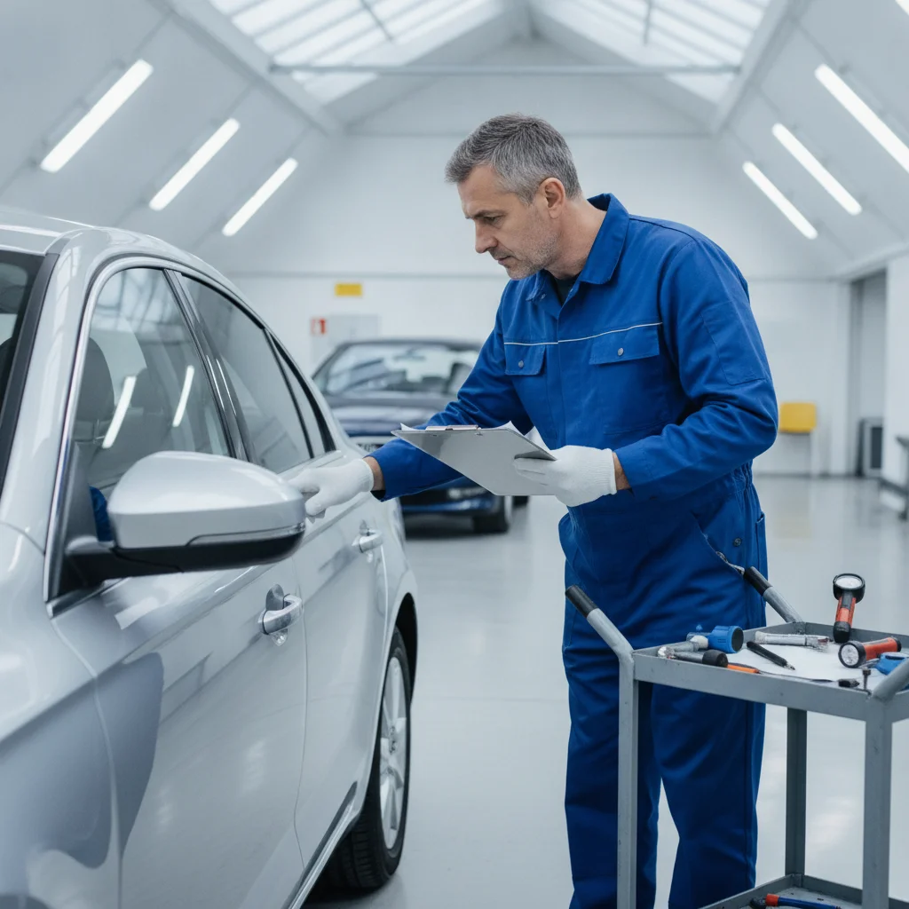 Vehicle inspector examining car exterior paint panels with clipboard at an inspection facility