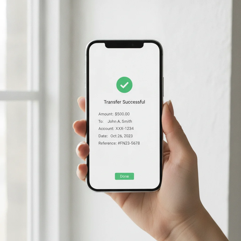 Hand holding phone displaying bank ACH transfer payment confirmation after car sale