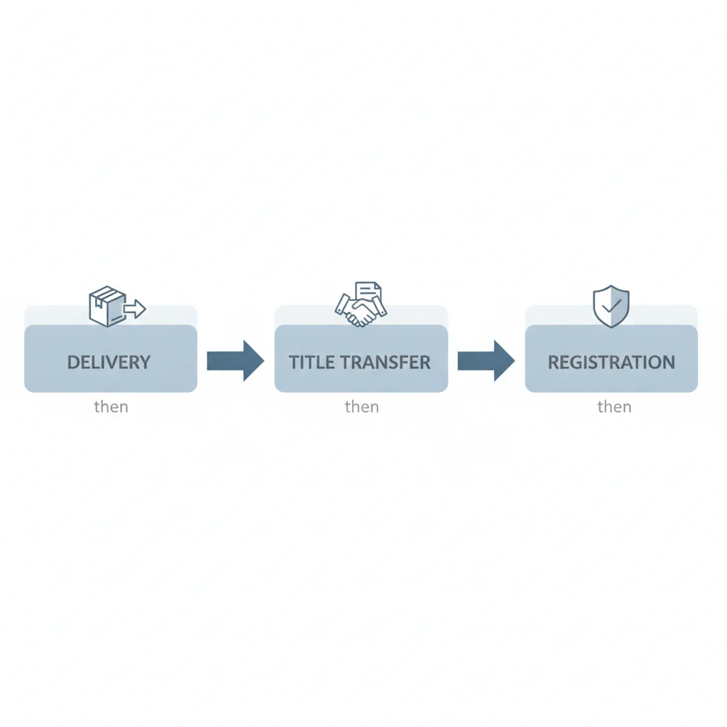 Infographic showing three sequential stages of online car buying: delivery, title transfer, and registration