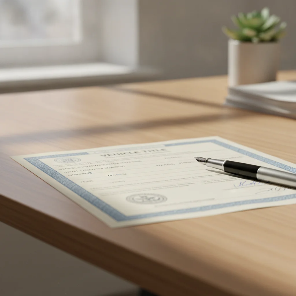 Official vehicle title document on a desk with a pen, representing legal ownership transfer
