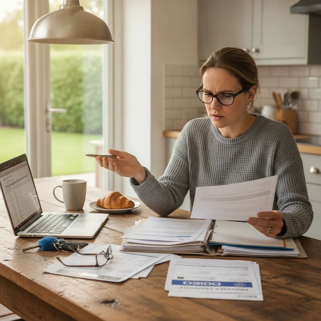 Person reviewing car registration and insurance paperwork at home with laptop and car keys visible