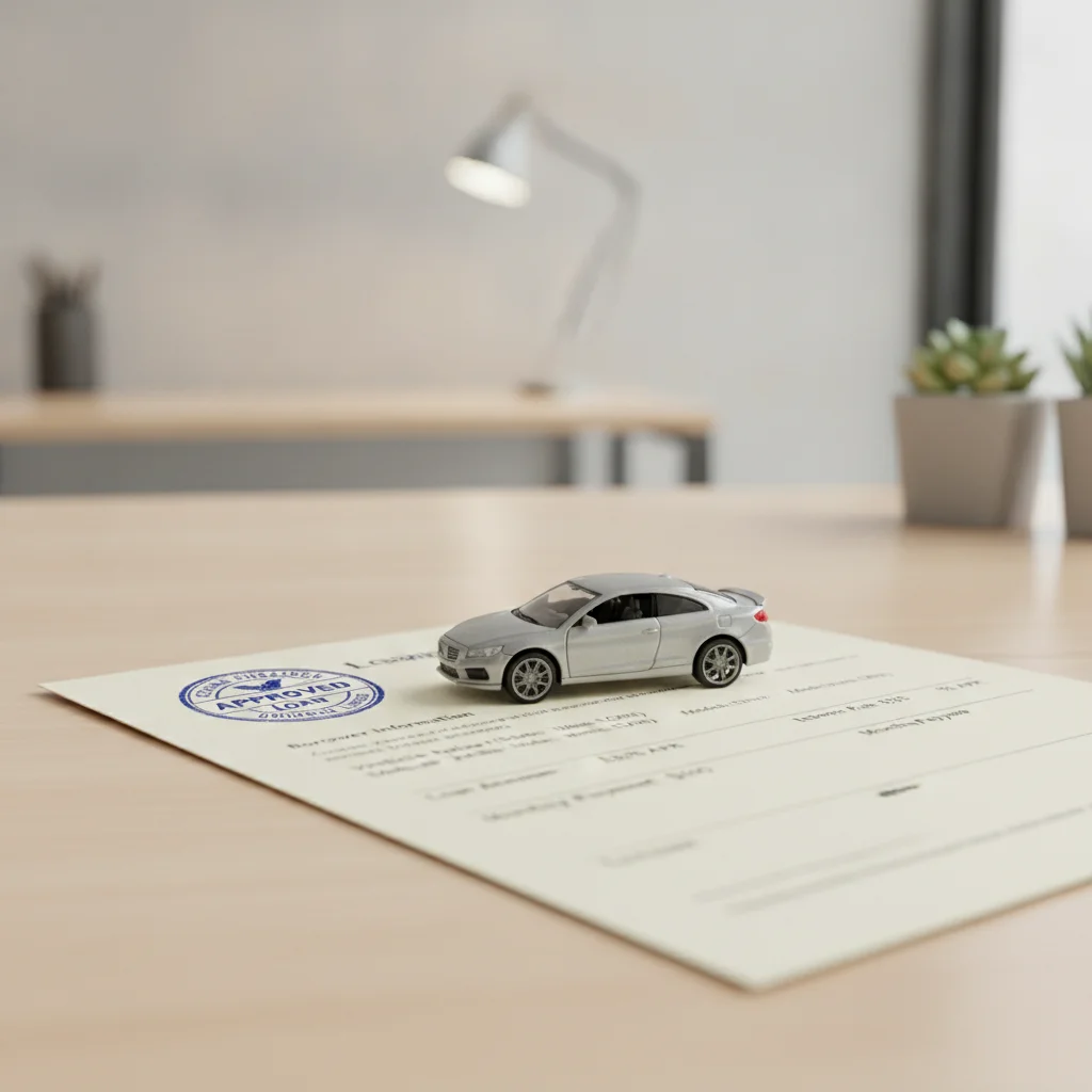 Auto loan agreement document with lender stamp and a small model car representing lien on vehicle title
