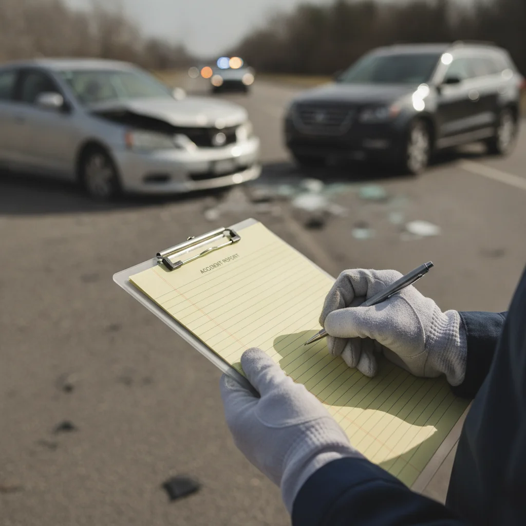 Driver documenting accident details on a clipboard at a collision scene with vehicles in background