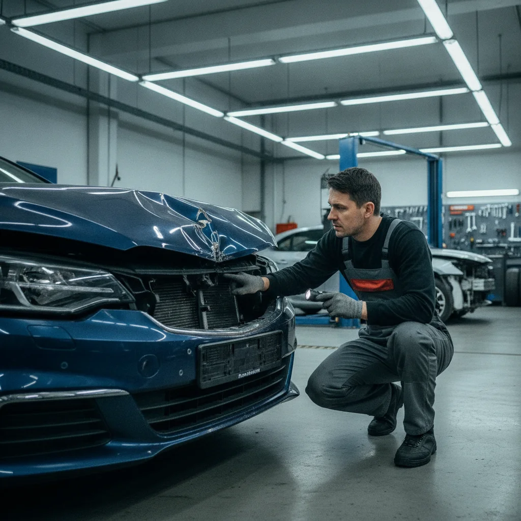 Mechanic examining front-end damage on a car inside an auto repair shop