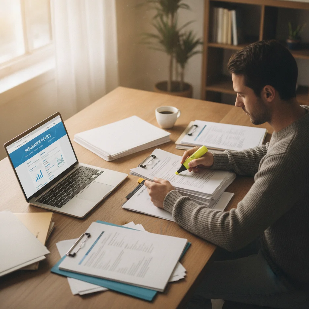 Person reviewing car insurance policy documents at a desk with a laptop open to an insurance website