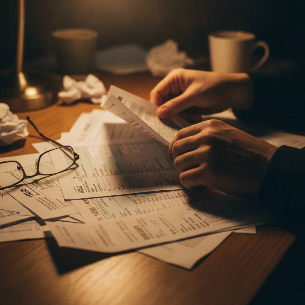 Hands sorting through IRS tax forms and an electric vehicle purchase receipt on a desk