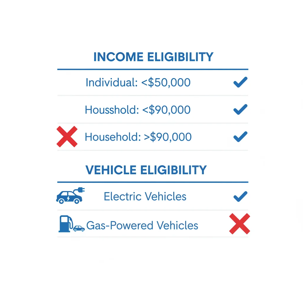 Flat infographic checklist showing EV credit disqualification factors including income and vehicle eligibility