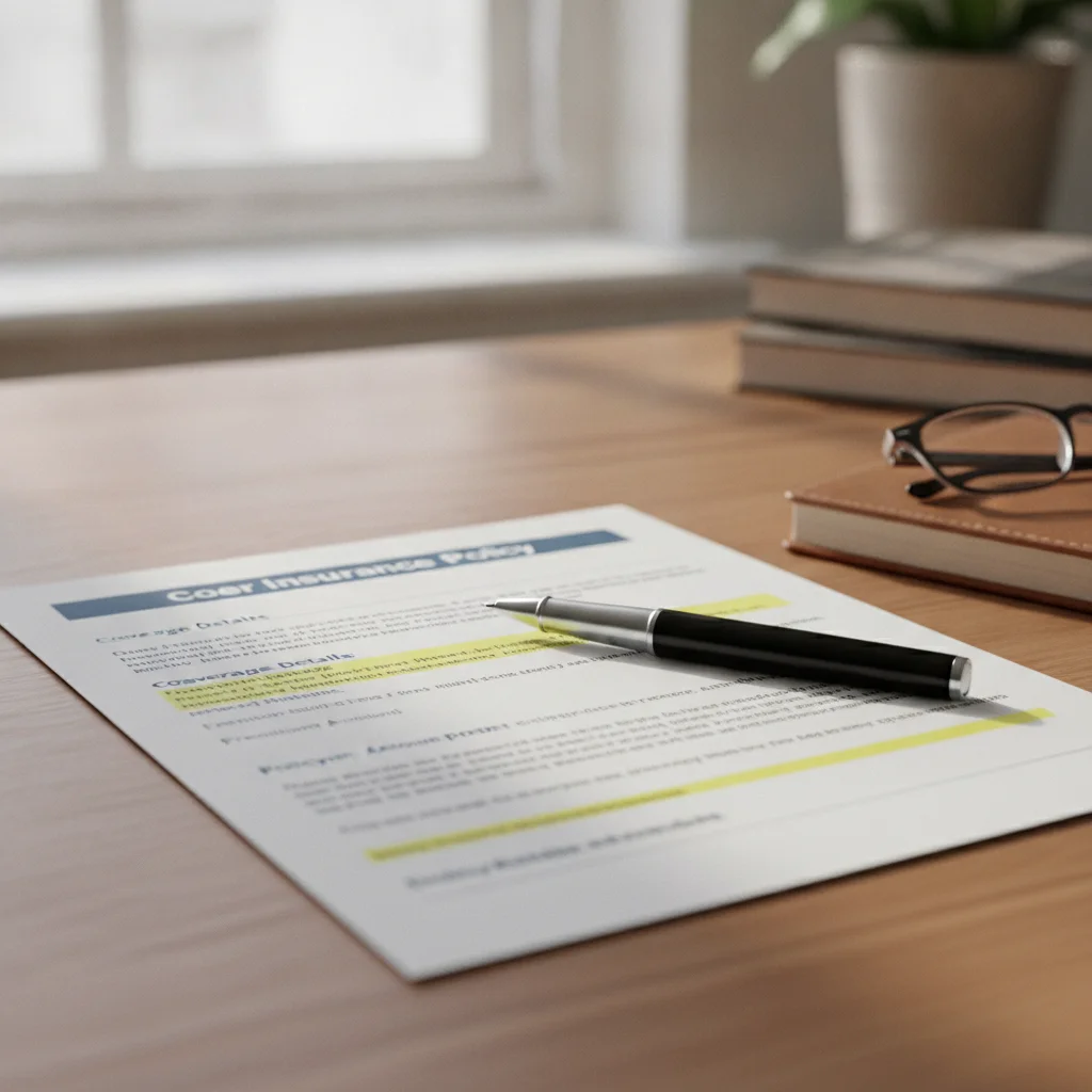 Auto insurance policy document on a desk with highlighted optional coverages section and a pen
